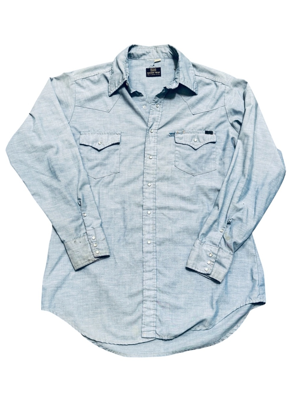 Vintage 70s Sears Western Wear Pearl Snap Chambray Shirt Tall XL Blue